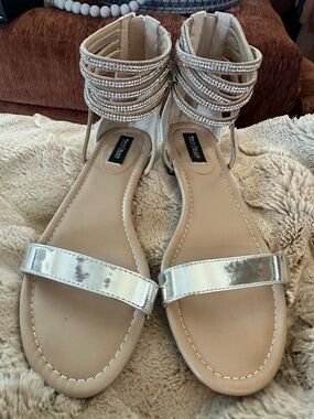 White House Black Market Rhinestone Silver Ankle-Strap Sandals